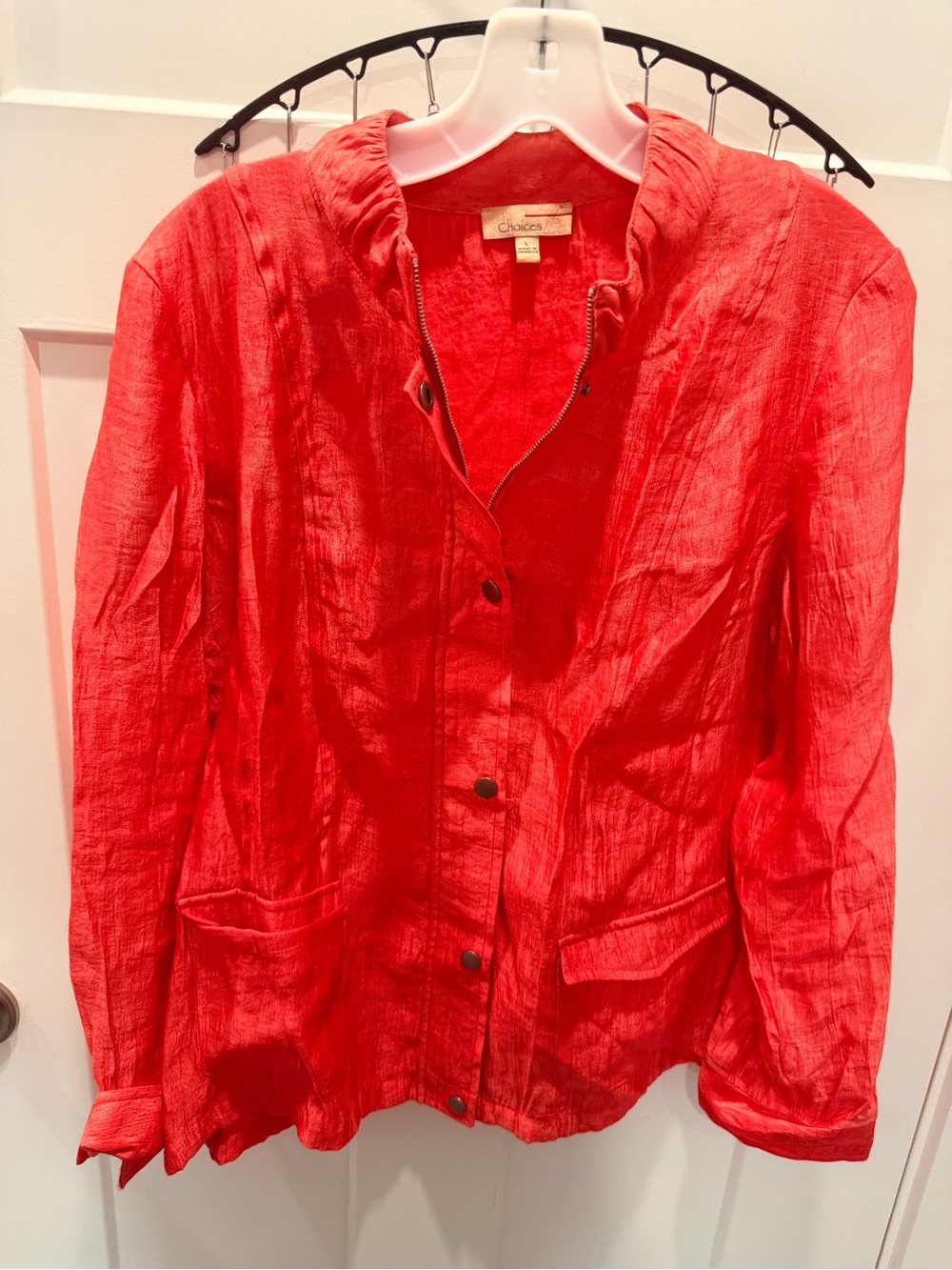 Choices Large Red Hooded Lightweight Zip Snap Jacket Crinkle Travel Coat
